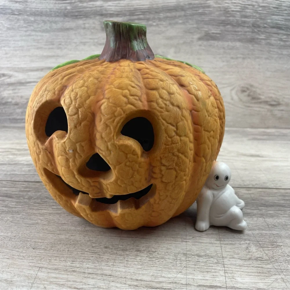 Vintage Ceramic Pumpkin Jack O Lantern With Ghost 7” Halloween Decor